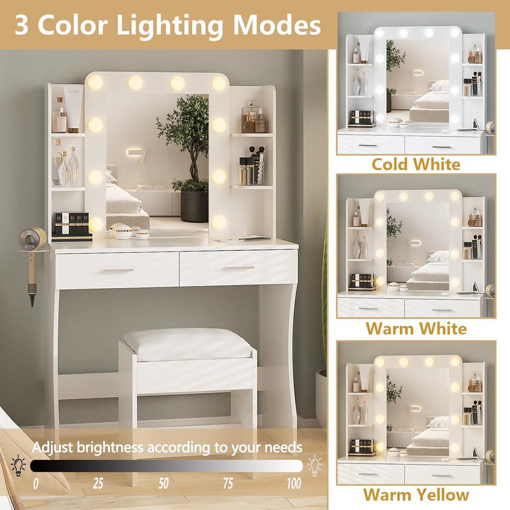 Vabches White Makeup Vanity Desk with Lighted Mirror & Charging Station |...
