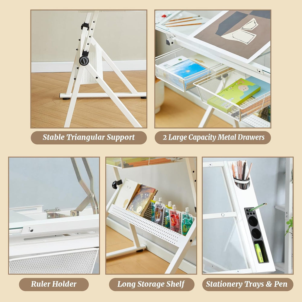 Height Adjustable Drafting Table Desk w/Stool, Tempered Glass Top | Art Craft...