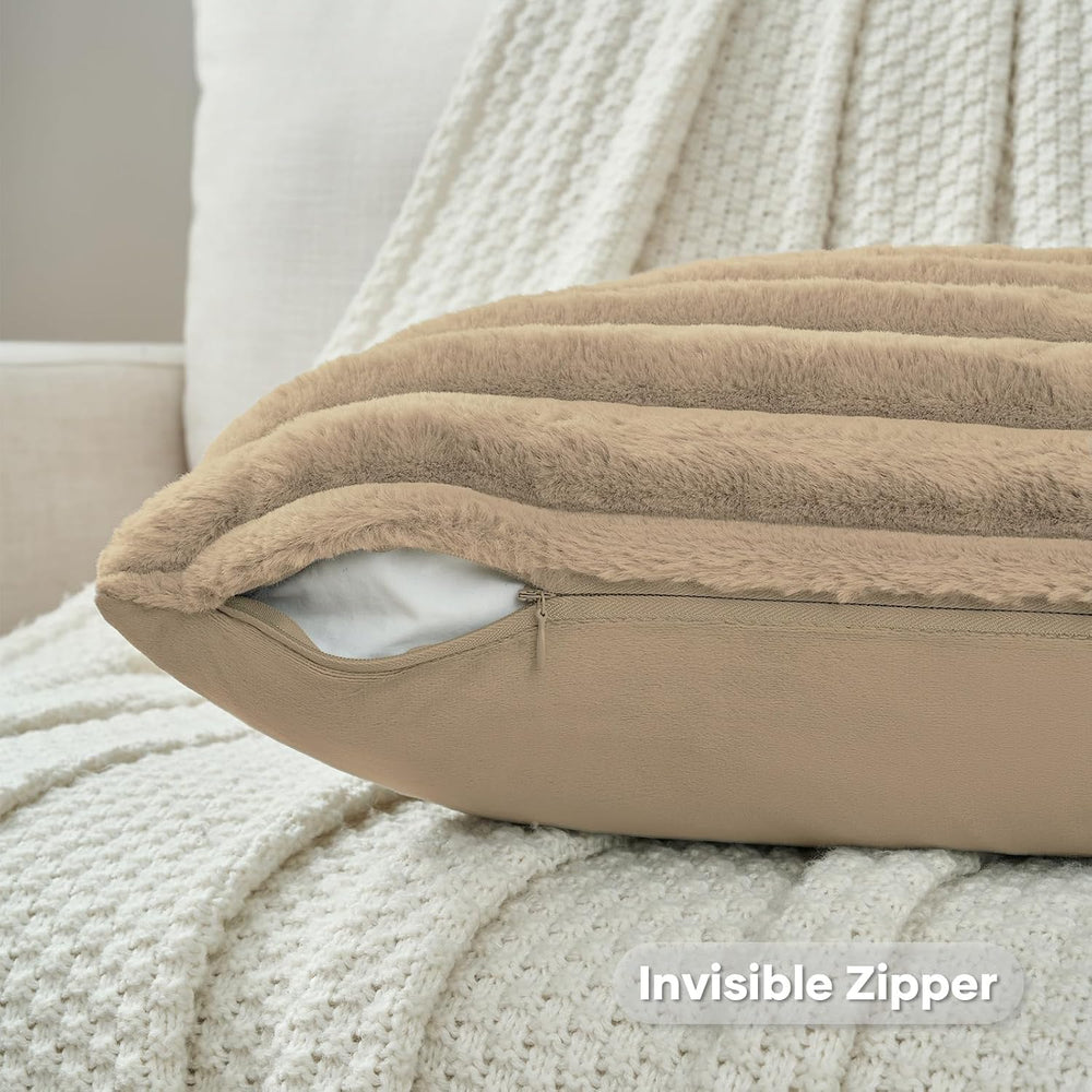 FUTEI Pack of 2 Faux Fur Throw Pillow Covers 28x28 Inch, Khaki