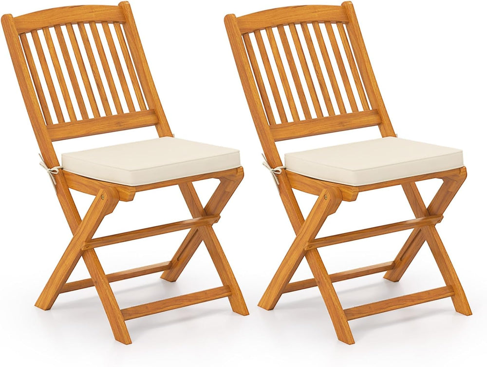 HAPPYGRILL Outdoor Folding Chairs Set of 2, Acacia Wood High-Back Chair w/Sea...