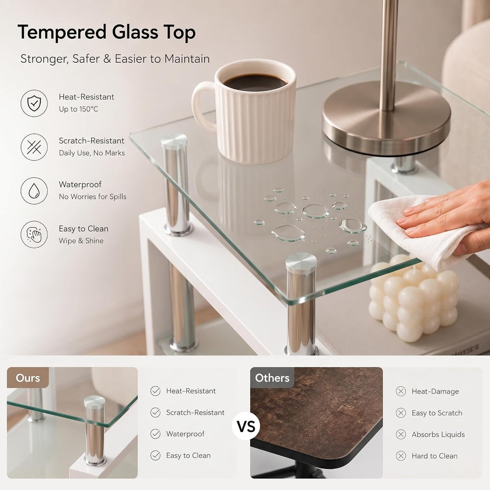 Meihua Tempered Glass End Table, White Modern Square Side Table with Metal Fr...