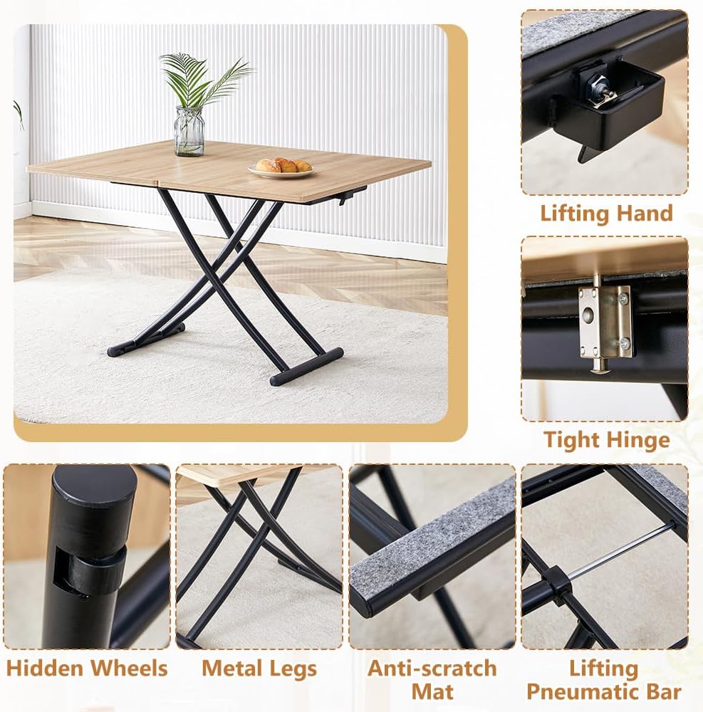 Adjustable Height Coffee Table to Dining Table, Lift Top Foldable Dining Tabl...