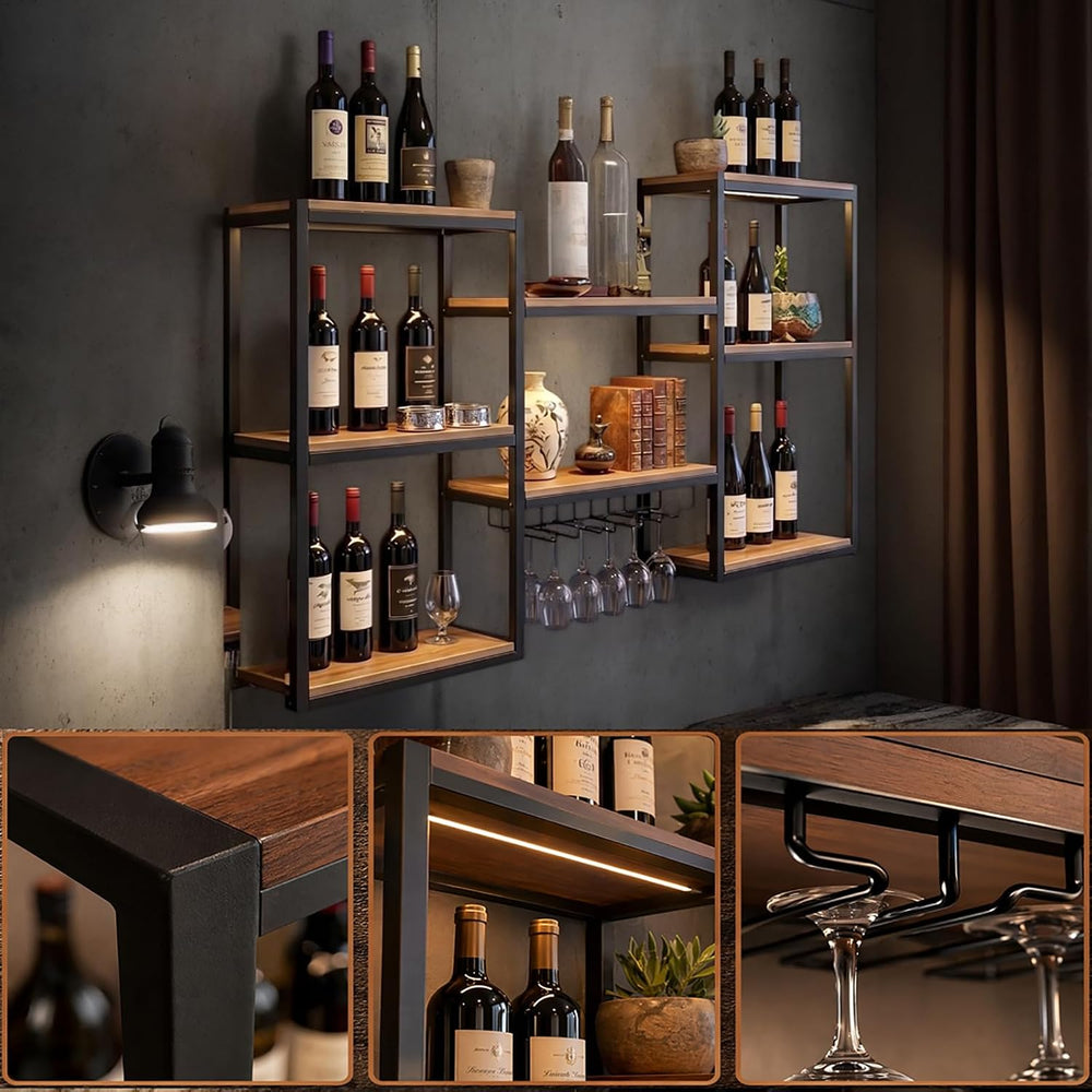 Wall Wine Rack with LED Lights, 3-Tier Modular Home Bar Shelves, Heavy Duty M...