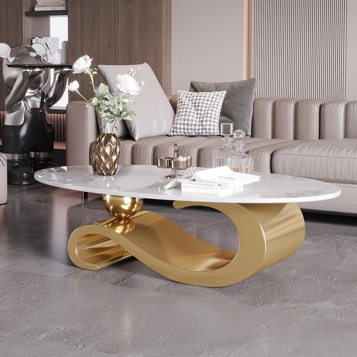 52" Oval Marble Coffee Table for Living Room, Modern Luxury Center Table with Gold Stainless Steel Base, Scratch-Resistant Modern Coffee Table for Home Decor, Easy Assembly