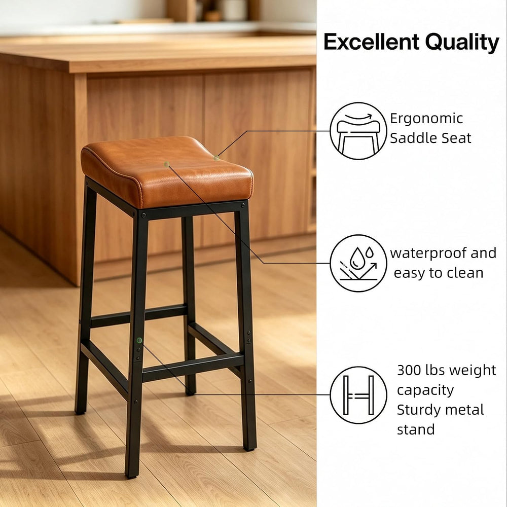 Bar Stools Set of 2, 30Inch Faux Leather Backless Counter Height Stools