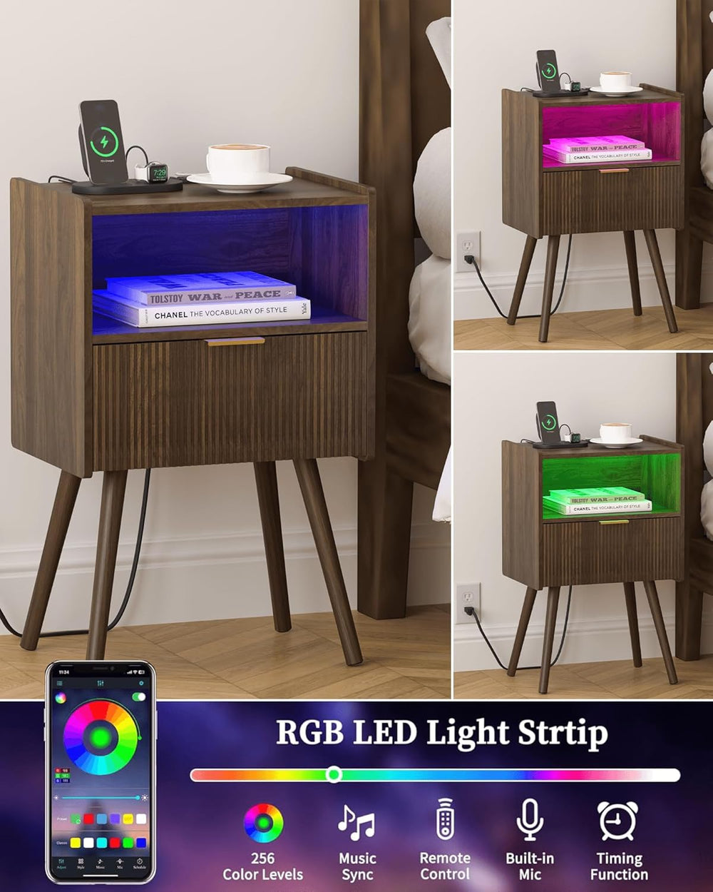 Leomonio Walnut Brown Nightstand, Modern Bedside Table with Charging Station ...