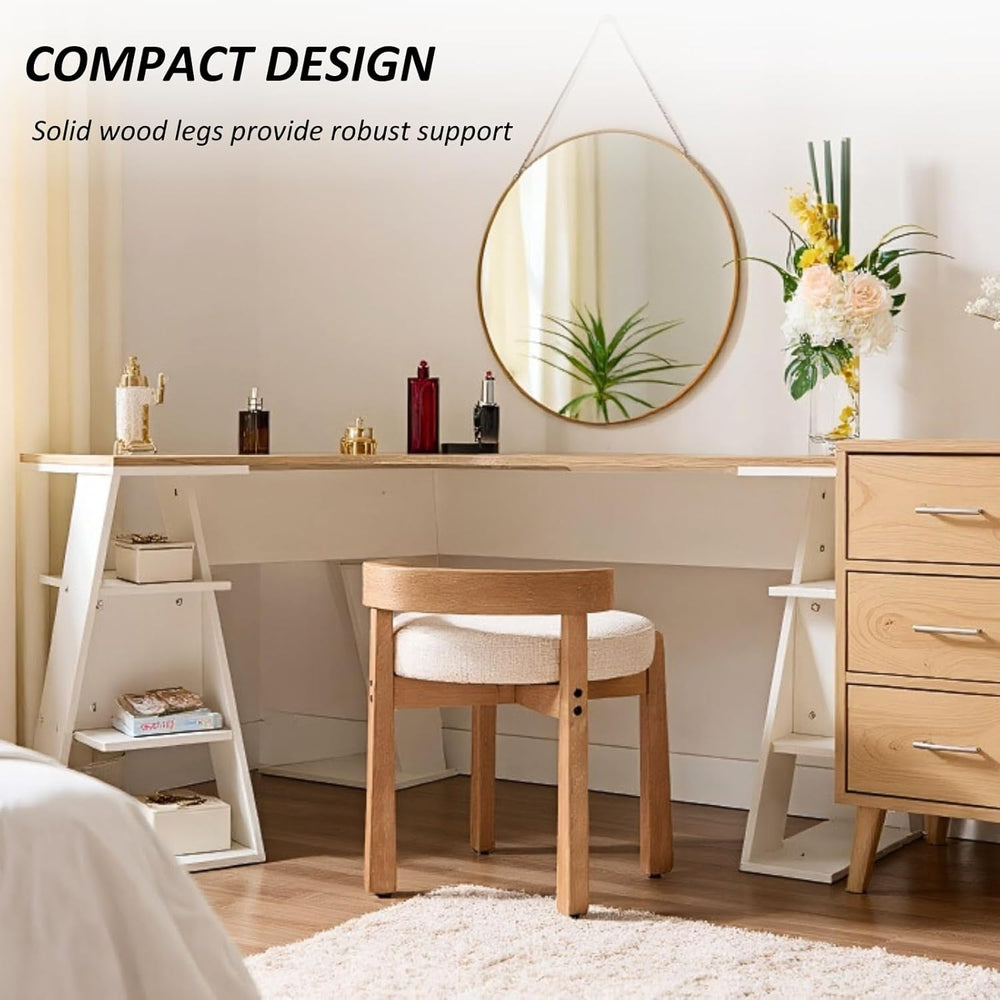 HEAH-YO Wood Vanity Chair with Back, Linen Upholstered Small Ottoman Footstoo...