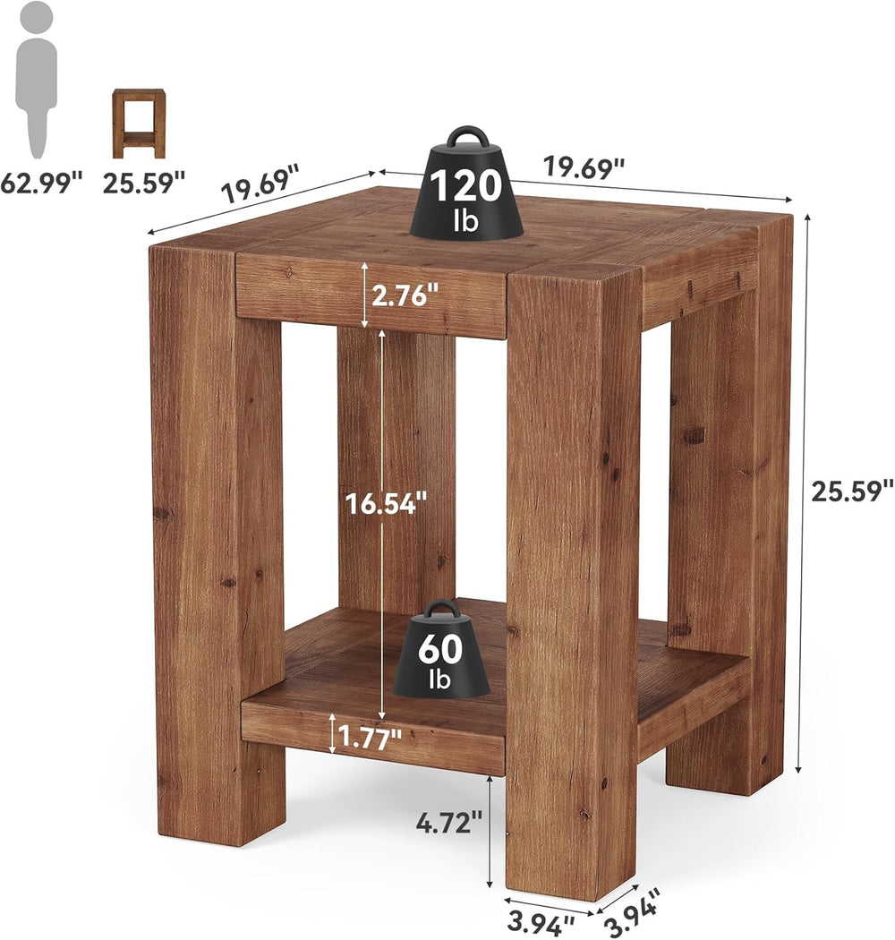 Solid Wood Side Table Set of 2, Farmhouse 2-Tier End Tables with Storage Shel...