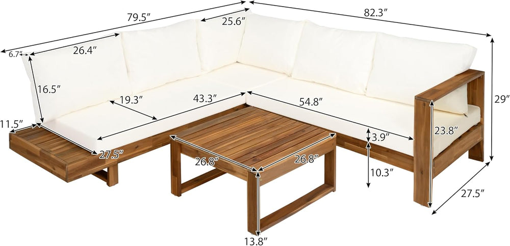 4pc Acacia Wood Outdoor Sectional Sofa Set with Cushions | Slatted Design - M...
