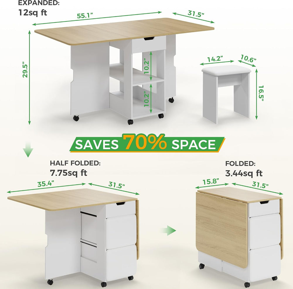 Mondeer Folding Dining Table and Chairs Set 4, 55" Space Saving Table wi...