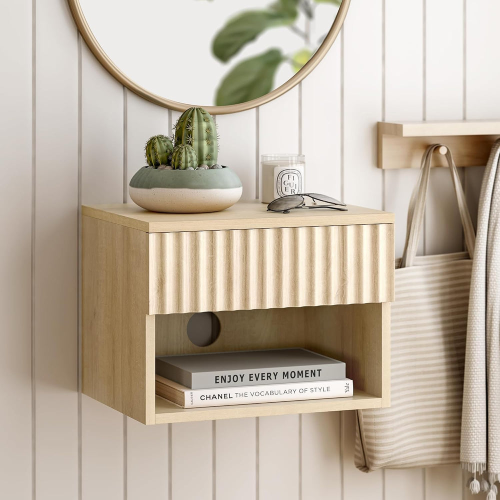 Small Floating Nightstand with Drawer, Modern Night Stand with Fluted Door an...
