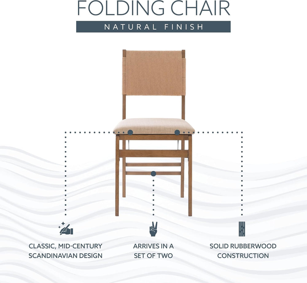 Bennett Natural Folding Chair with Rope Back and Linen Upholstered Seat Set o...