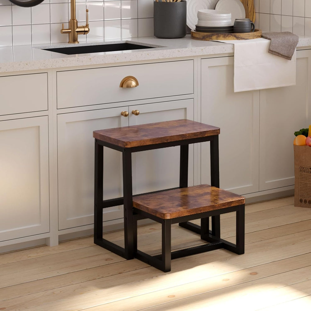 2 Step Stool for Adults Wooden Step Stool with 500 Lbs, Rustic Brown