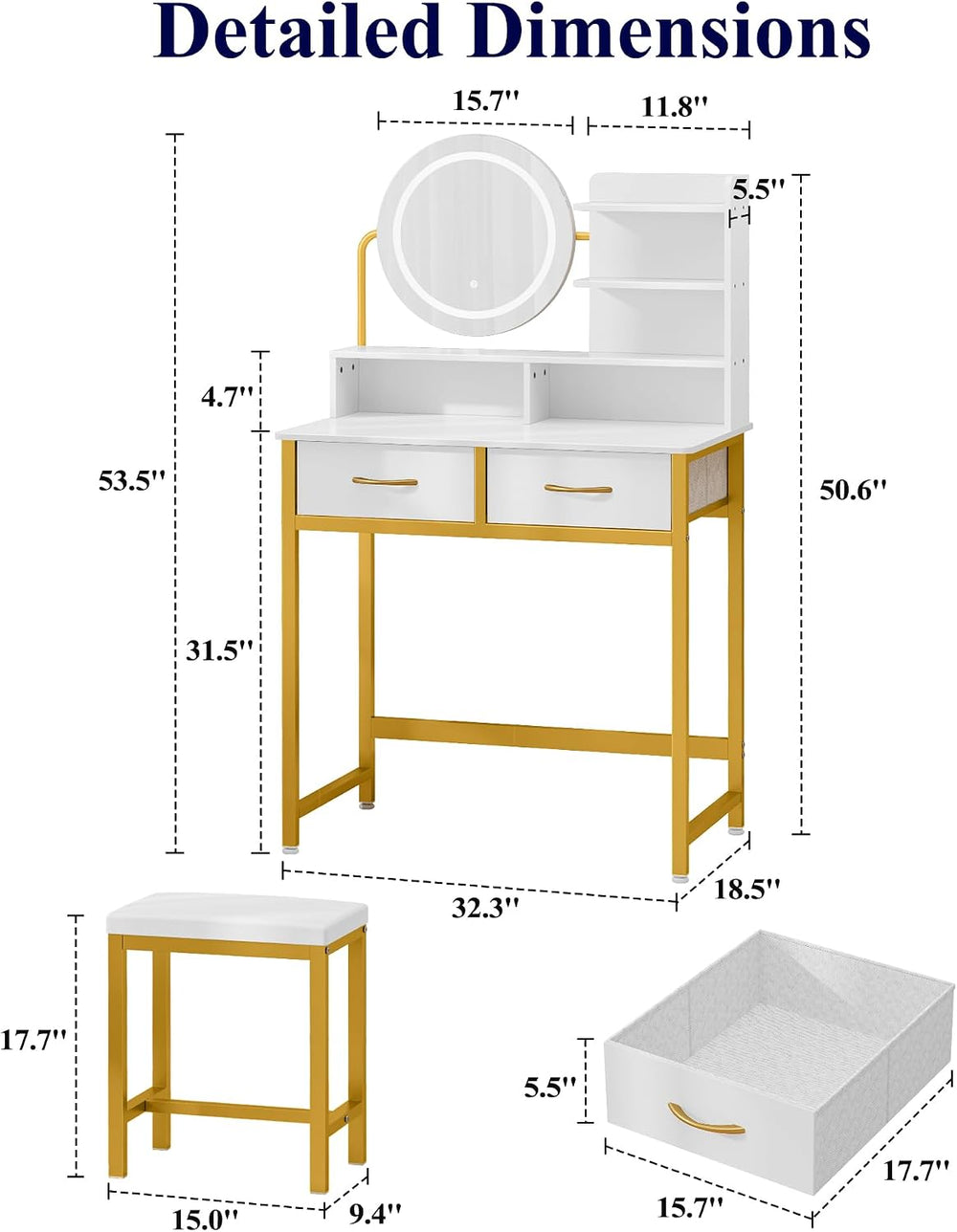 Kitsure Vanity Desk with Mirror and Lights - 3 Mode Lighted Makeup Vanity for...