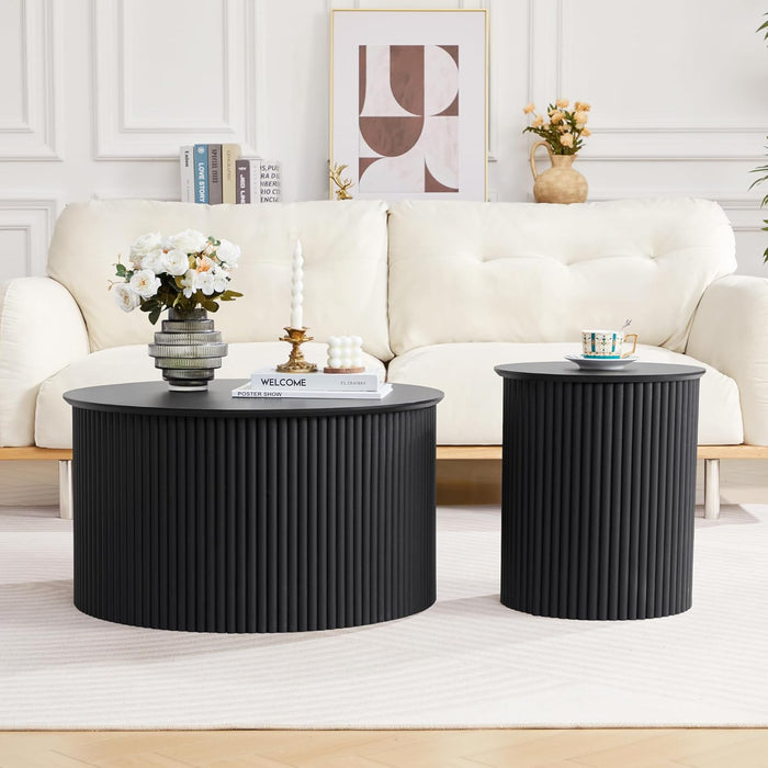 Fluted Round Nesting Coffee Table Set of 2, Mid Century Modern Wood Coffee Table and End Table Set, Minimalist Center Tables Circle Side Table for Living Room, Office(Black