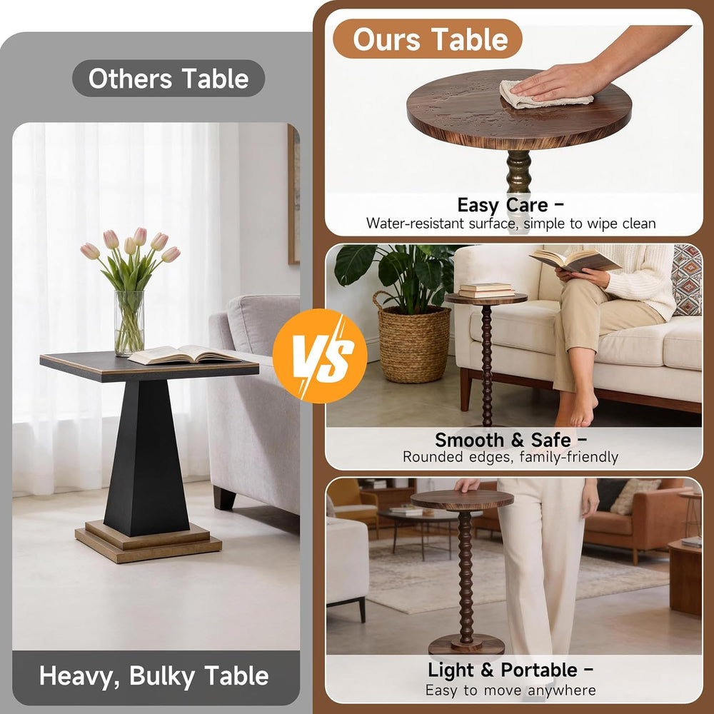 Round Side Table, Walnut Martini Drink Table for Small Spaces, Modern Pedesta...