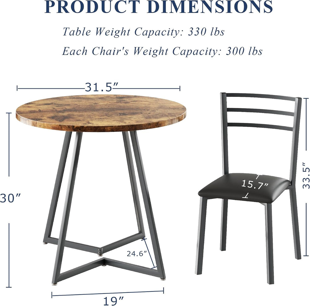 VECELO Small Round Kitchen Table with 2 Upholstered Chairs, 3-Piece Wood Dine...