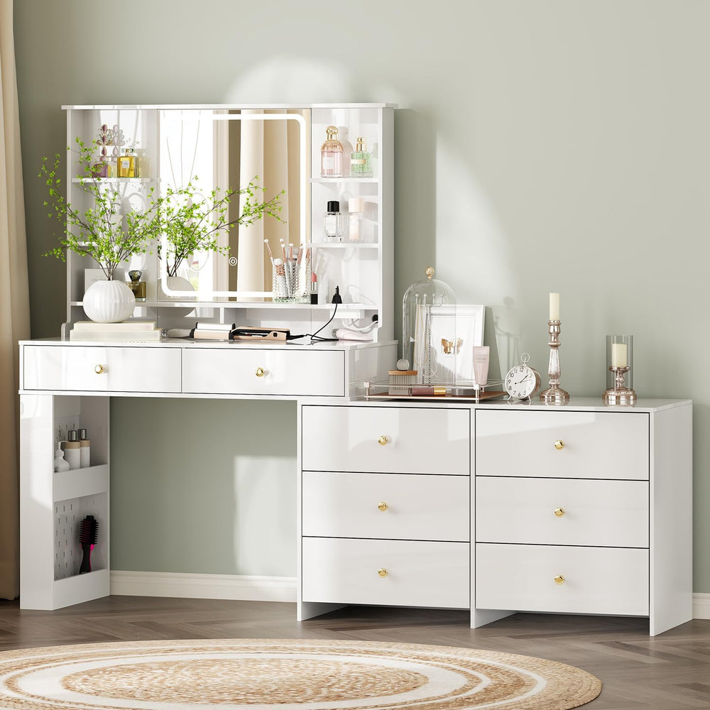 Ieejdn Makeup Vanity Desk with Mirror and Lights, Vanity Desk with 8 Drawers ...