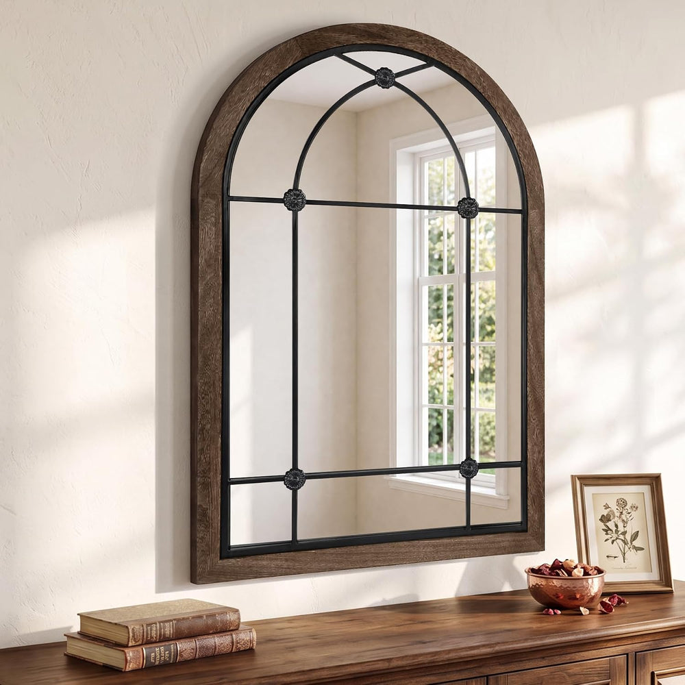 36x24 Inch Arched Window Pane Mirror , Wood Frame Farmhouse Mirror