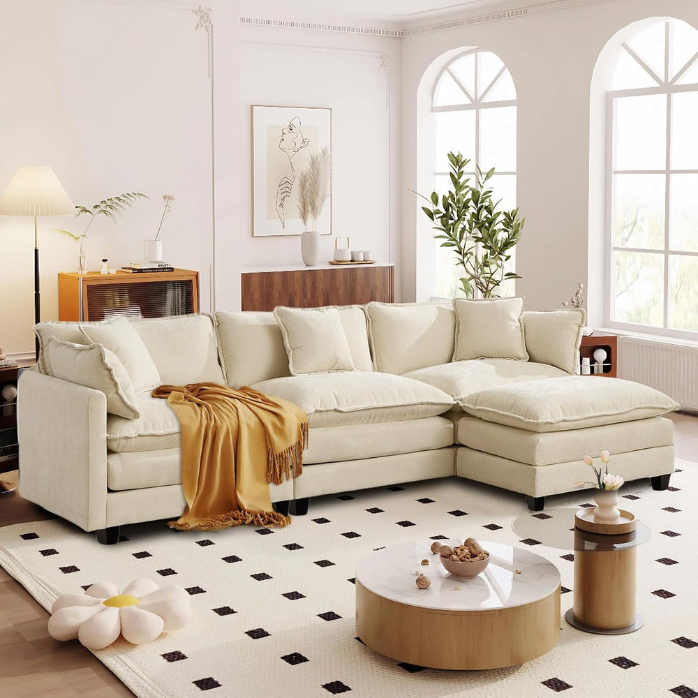 SoarFlash 113.78" Chenille L Shaped Modular Sofa with Ottoman,Beige