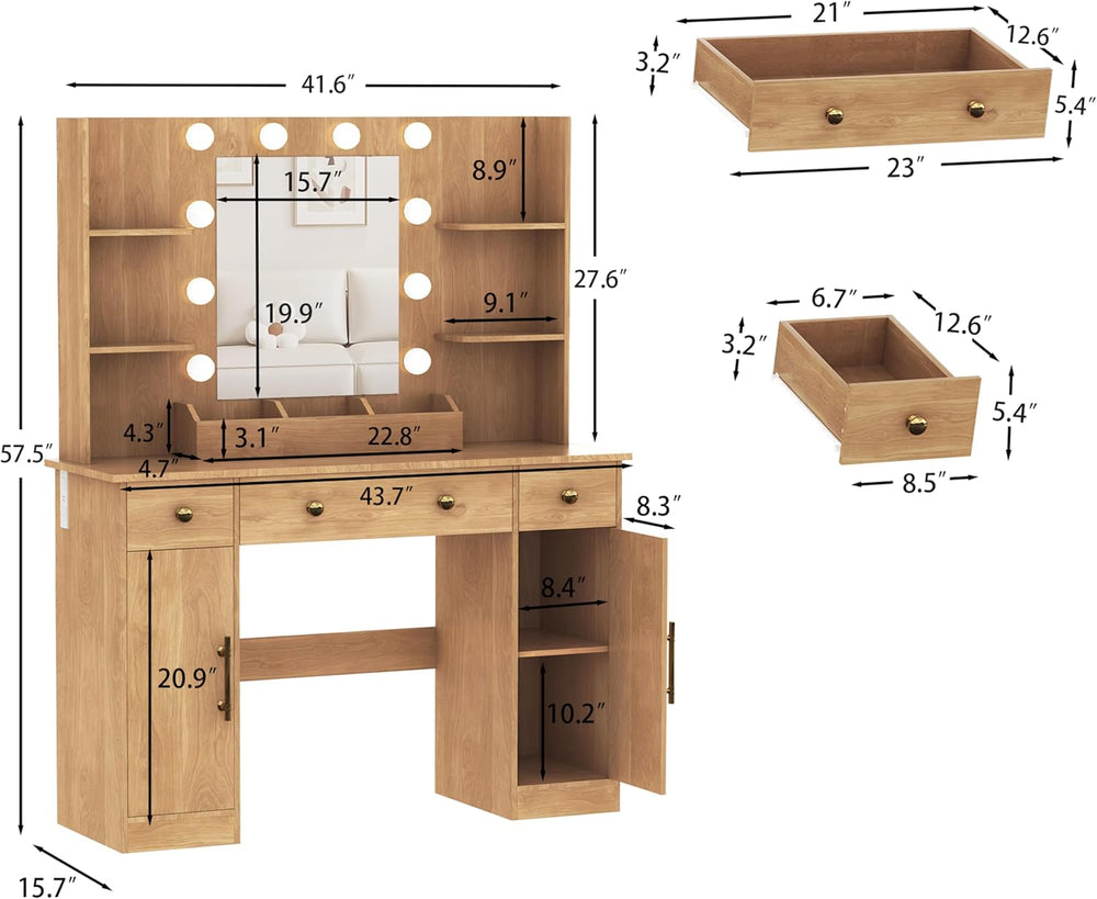HUANLEGO Vanity Desk with Mirror and LED Lights & Strips for Girls, Oak