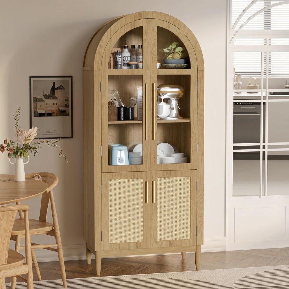 71" Tall Arched Cabinet with Glass Doors, Kitchen Pantry Storage Cabinet...