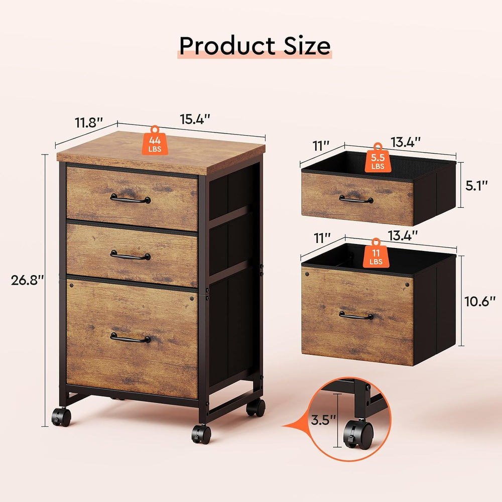 Maihail 3 Drawer File Cabinet with Wheels with Open Storage Shelf, Rustic Brown2