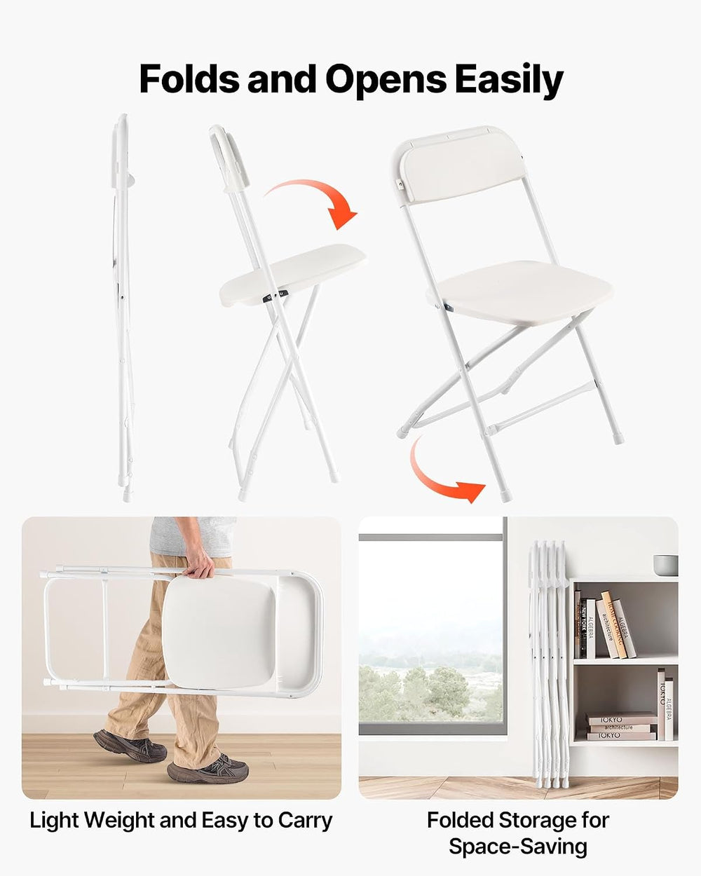 VEVOR 4 Pack Folding Chairs, Foldable Plastic Chair with Reinforced Metal Fra...