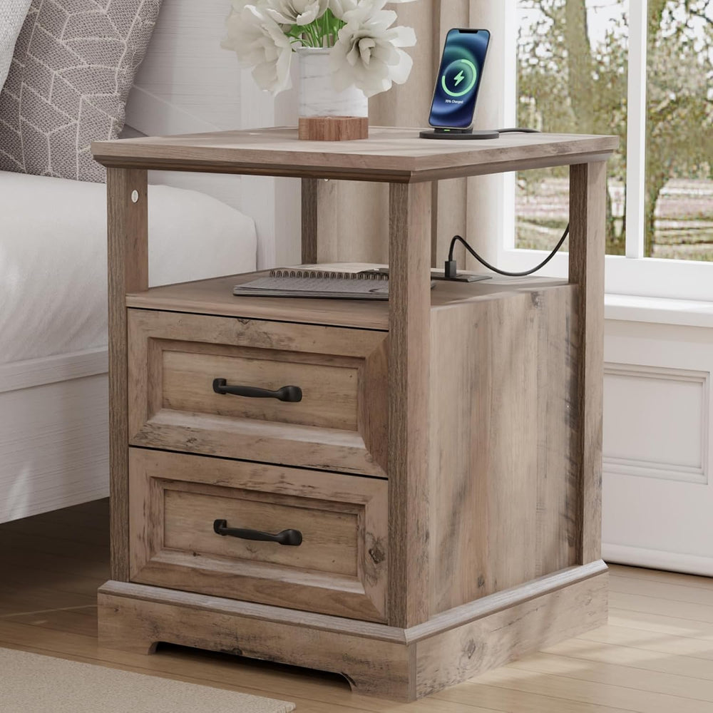 HOMMPA 18'' W Farmhouse Nightstand with Charging Station, Bedside Tab...