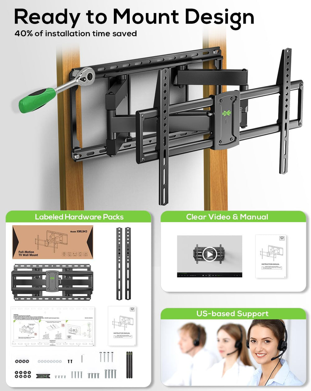 USX MOUNT Full Motion TV Wall Mount for Large TVs 42-97 Inch up to 150 lbs | ...