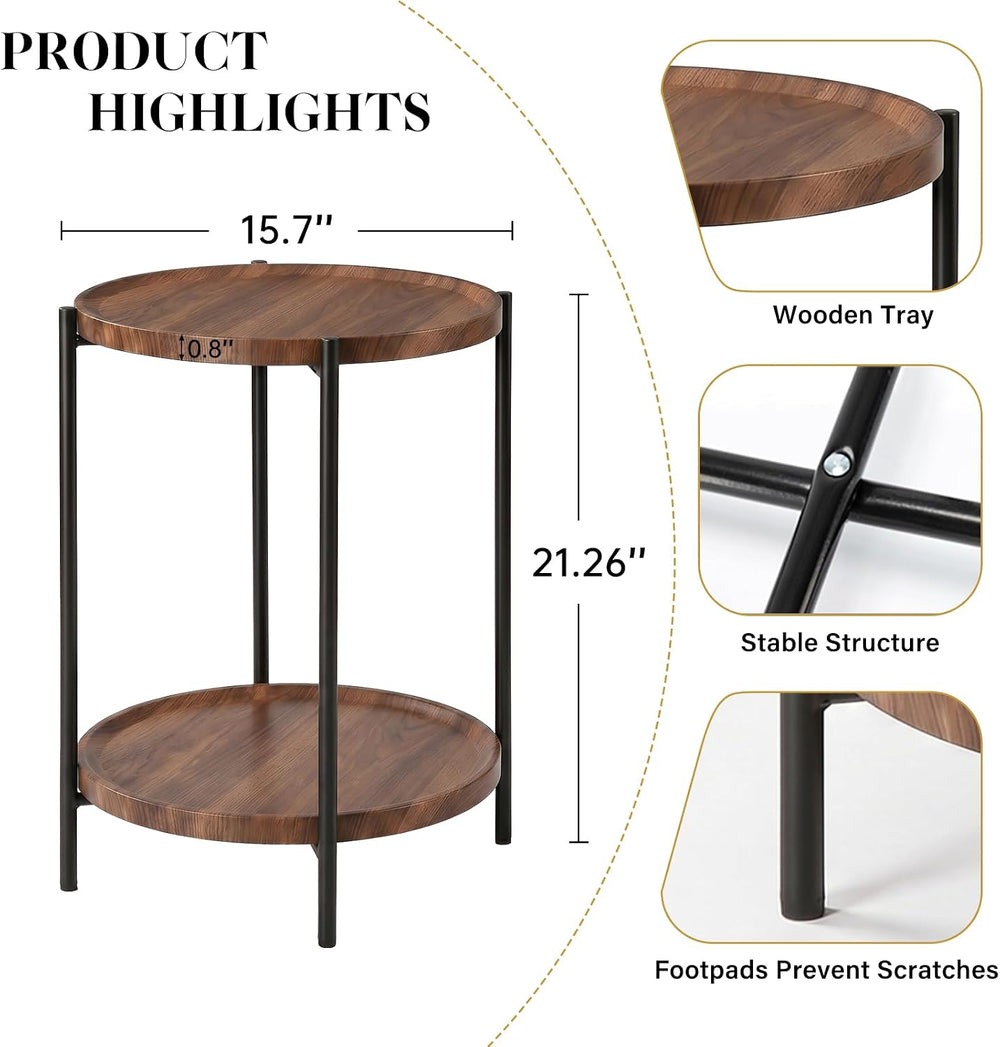 TeoKJ 2 Tier Small Side Table, Folding Round Metal End Table with Two Removab...
