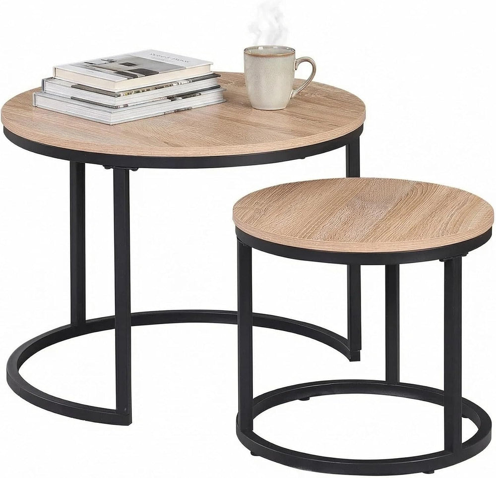 CENSI 24" Natural Oak Round Nesting Coffee Table Set of 2 | Accent Nesti...