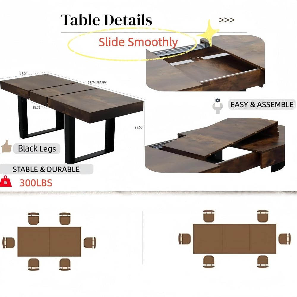 63"-79" Expandable Dining Table Set for 8, Wood Rectangle Dining Ta...