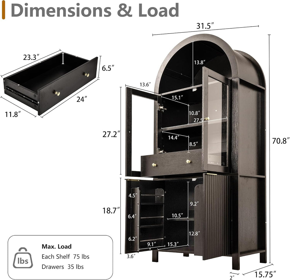 71" Fluted Arched Glass Door Cabinet, Tall Display Cabinet with Adjustab...