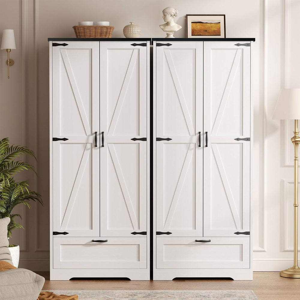 Vongrasig Kitchen Pantry Storage Cabinet with Barn Doors, Drawer and Adjustab...