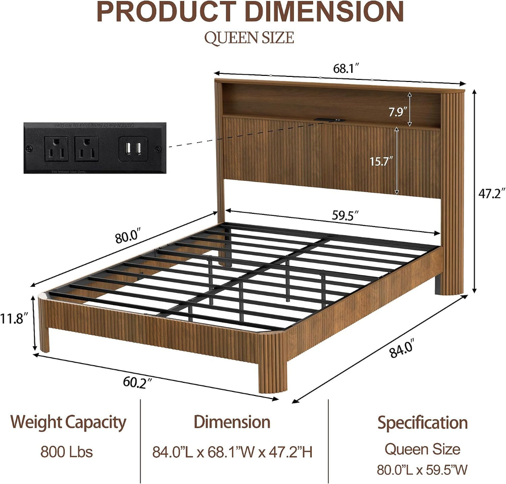 Peanu Queen Bed Frame, Wave Headboard, Charging Station Walnut
