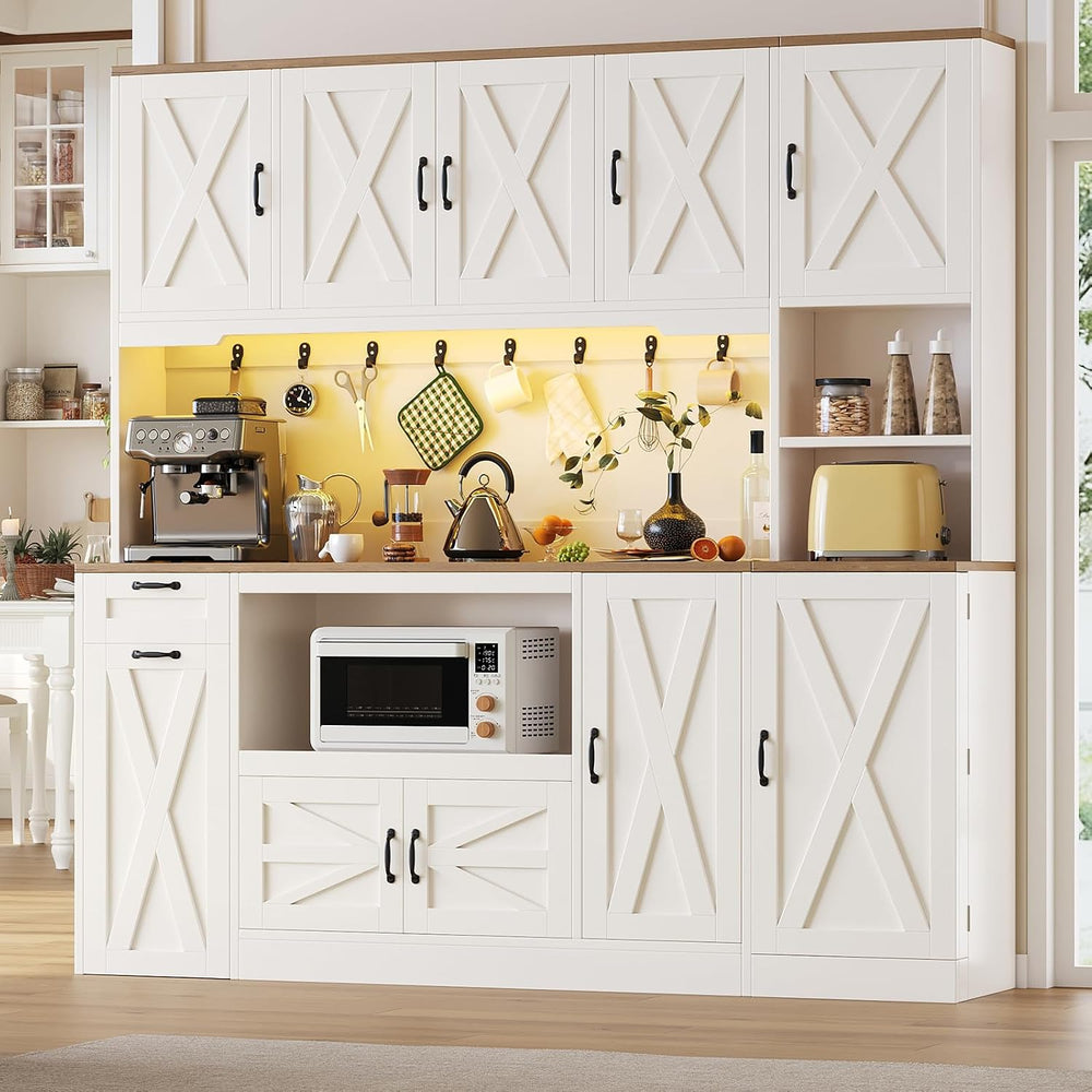 70.87" Kitchen Pantry Cabinet with LED Lighting & Charging Station, ...