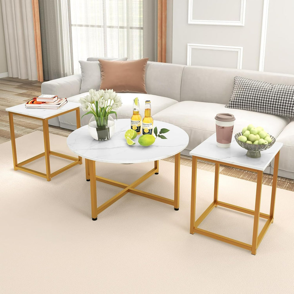 COSTWAY Coffee Table Set of 3, Round Faux Marble Coffee Table and 2 Square En...