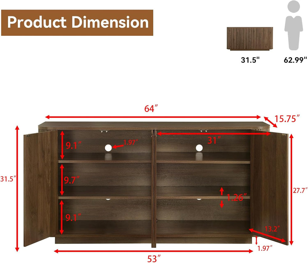 64" Sideboard Buffet Cabinet with Fluted Accent and Adjustable Shelves, ...