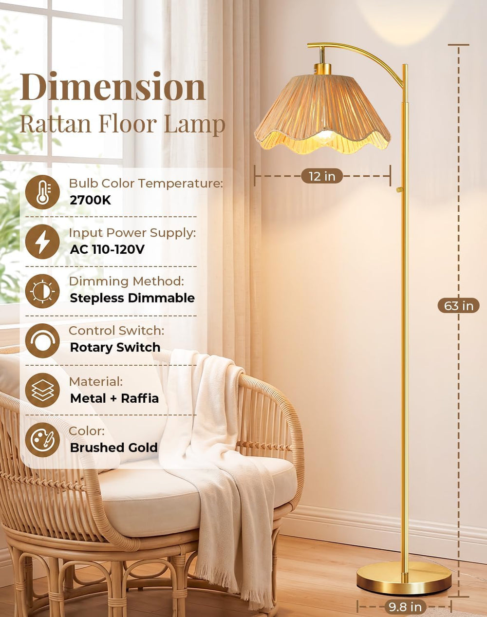 Arc Floor Lamp for Living Room, Rattan Boho Floor Lamp with Hand-Woven Raffia...