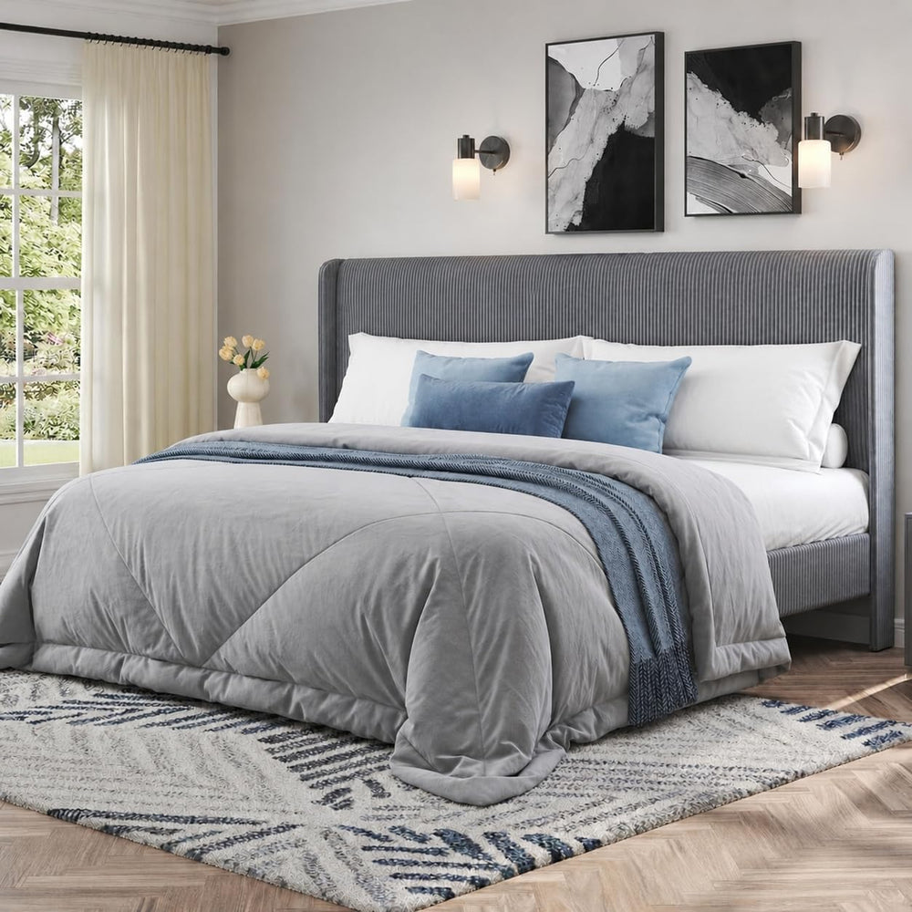 King Bed Frame, Upholstered Platform Bed with Corduroy Headboard, Grey