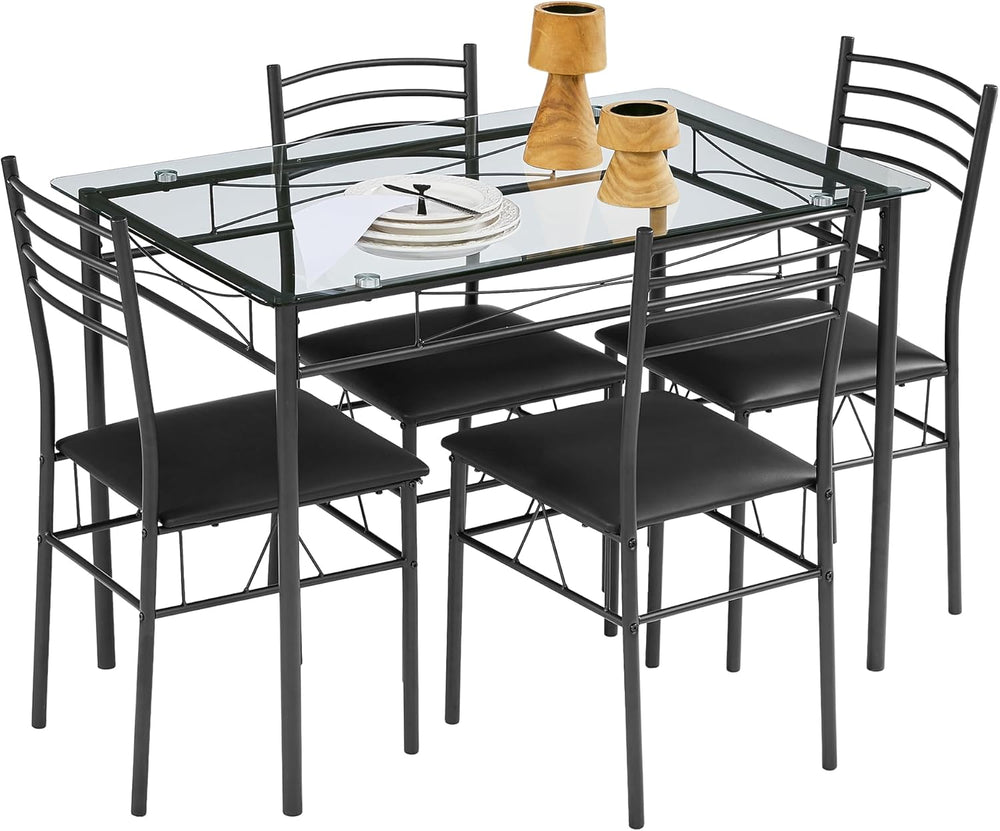 VECELO Dining Table Set for 4, 5-Piece Glass Kitchen Table with Upholstered P...