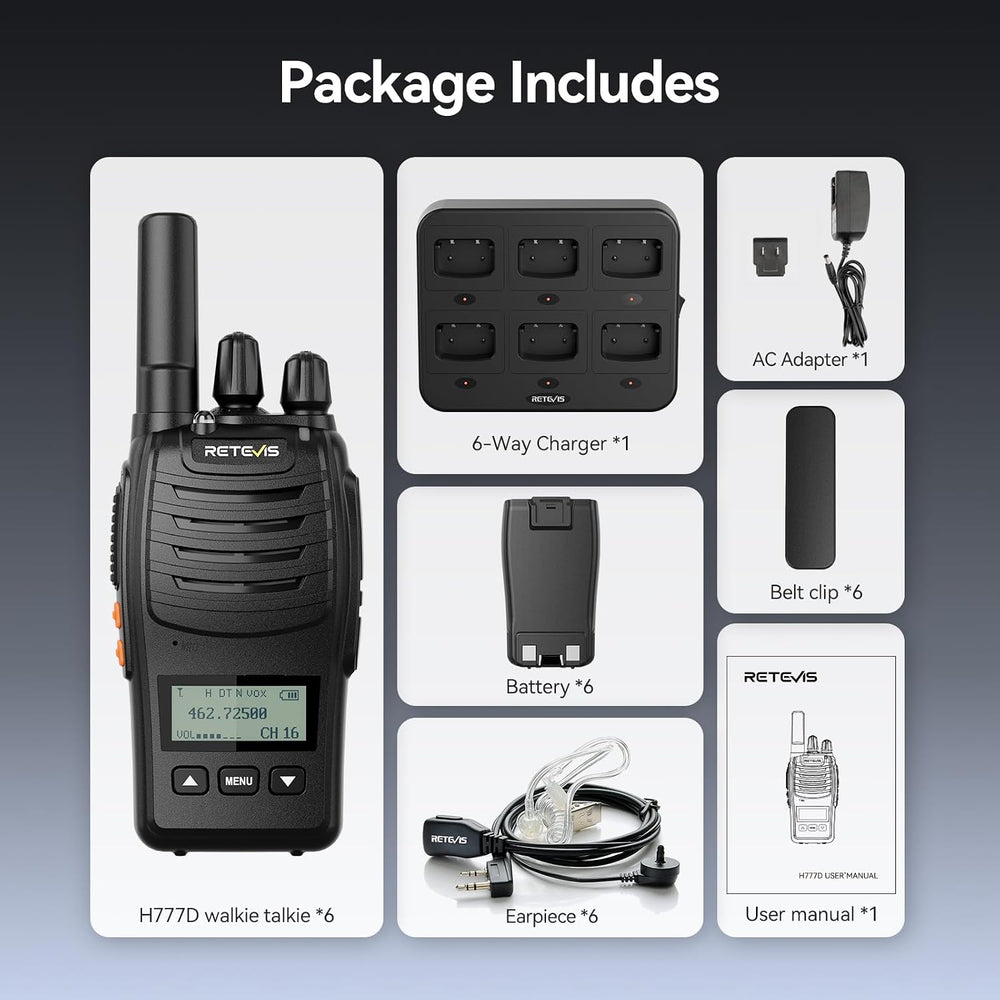 Retevis H777D Walkie Talkies with Earpiece, Long Range 2 Way Radio(6 Pack)