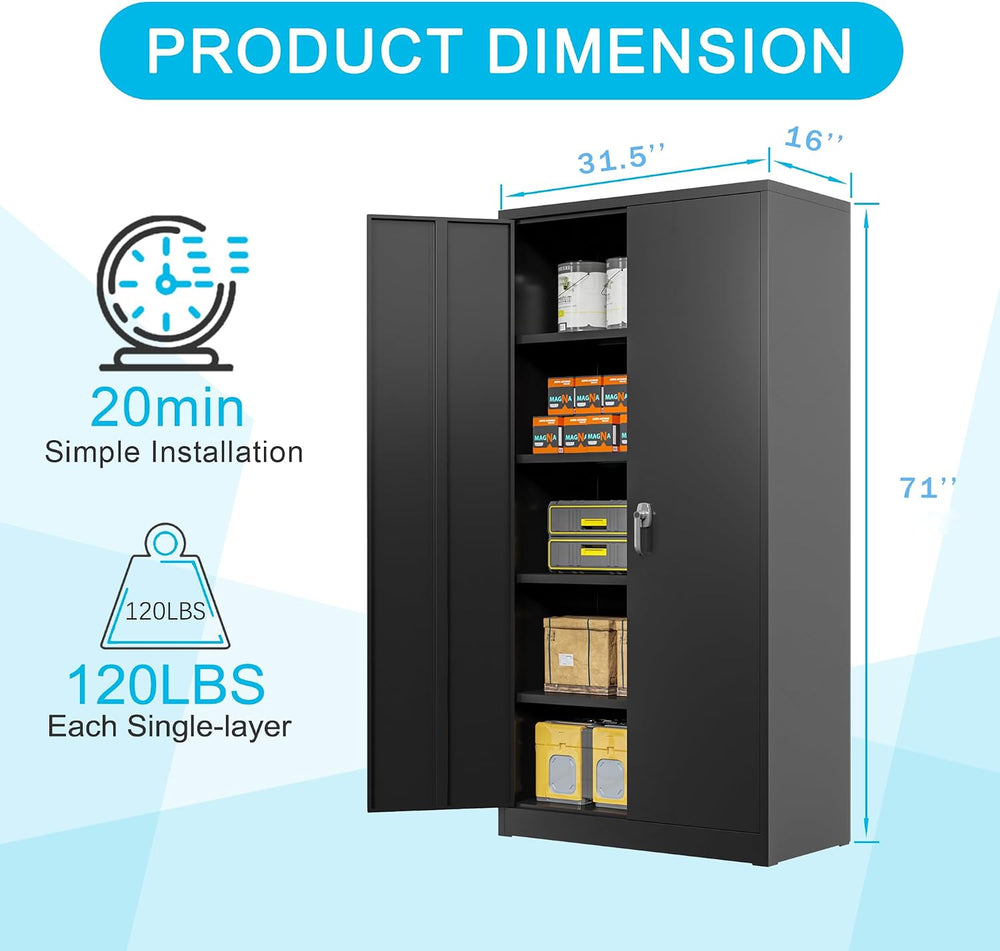 Black Iron Metal Lockable Storage Cabinet - Durable Home Office Garage Organi...