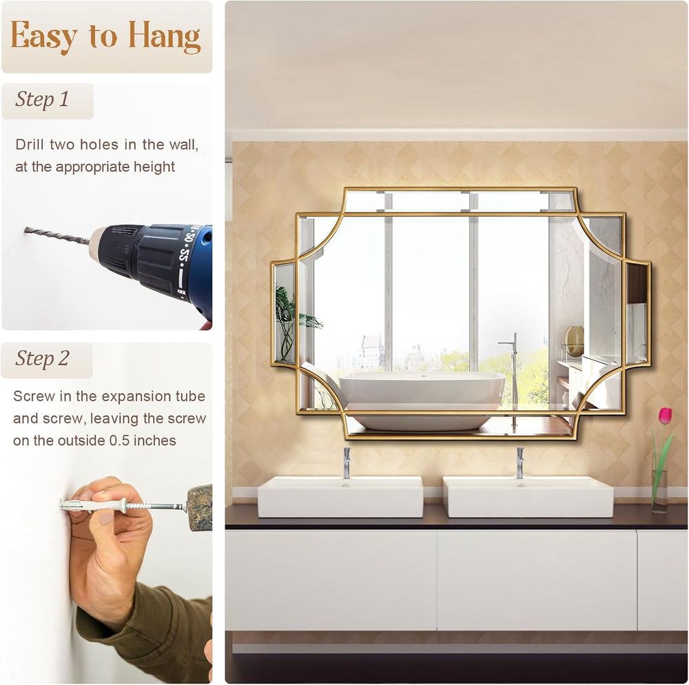 Gold Bathroom Mirror for Wall, 24"x36" Rectangle Vanity Mirror, Pol...