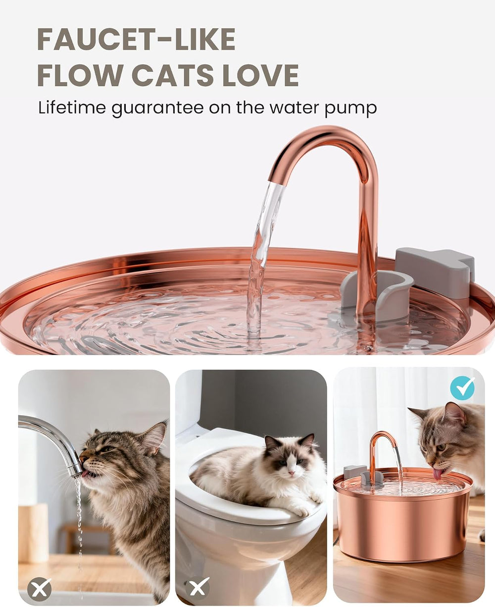 Tomxcute Stainless Steel Cat Water Fountain with Copper-Plated 108oz/3.2L