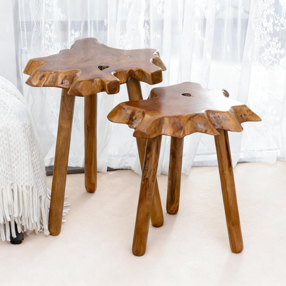 Natural Teak Wood Live Edge Side Table with Wood Legs – Rustic Side Table for...