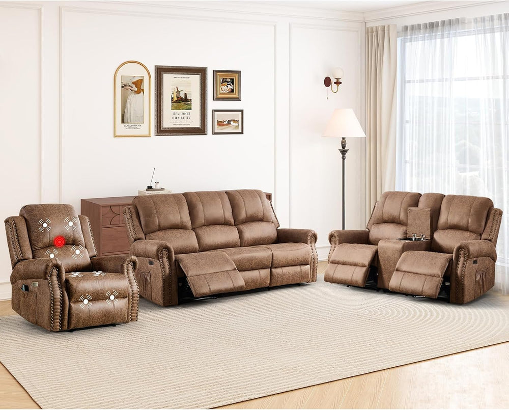HAOMARKETS 3-Piece Power Reclining Sofa Set with Rivets, Included Electric Ma...