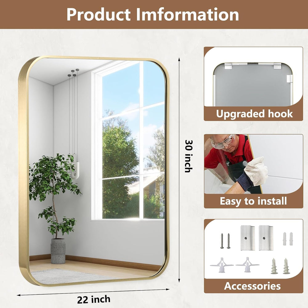 22x30 Inch Gold Bathroom Mirror, Brushed Brass Gold Metal Framed Rectangular ...