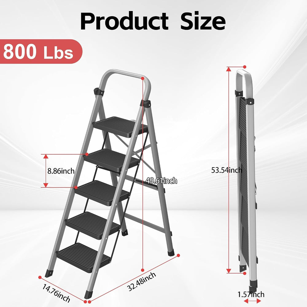5-Step Foldable Step Ladder Stool with Handle, Anti-Slip Wide Pedals & Fe...